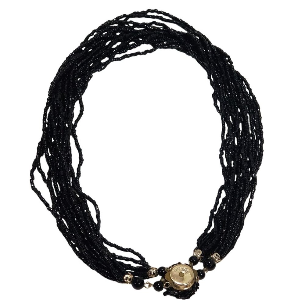 Signed Necklace Art Deco Black Glass SEED Beads Strands Japan 18 In Vintage Scar - Picture 2 of 9